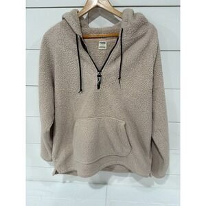 Victorias Secret Pink Beige Fuzzy Sherpa Fleece Hoodie Pullover Sweater Jacket L